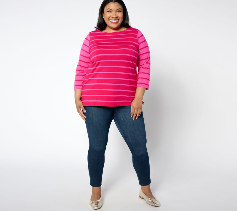 Isaac Mizrahi Live! 3/4 Sleeve Yarn Dye Stripe Boat Neck Top — View 3