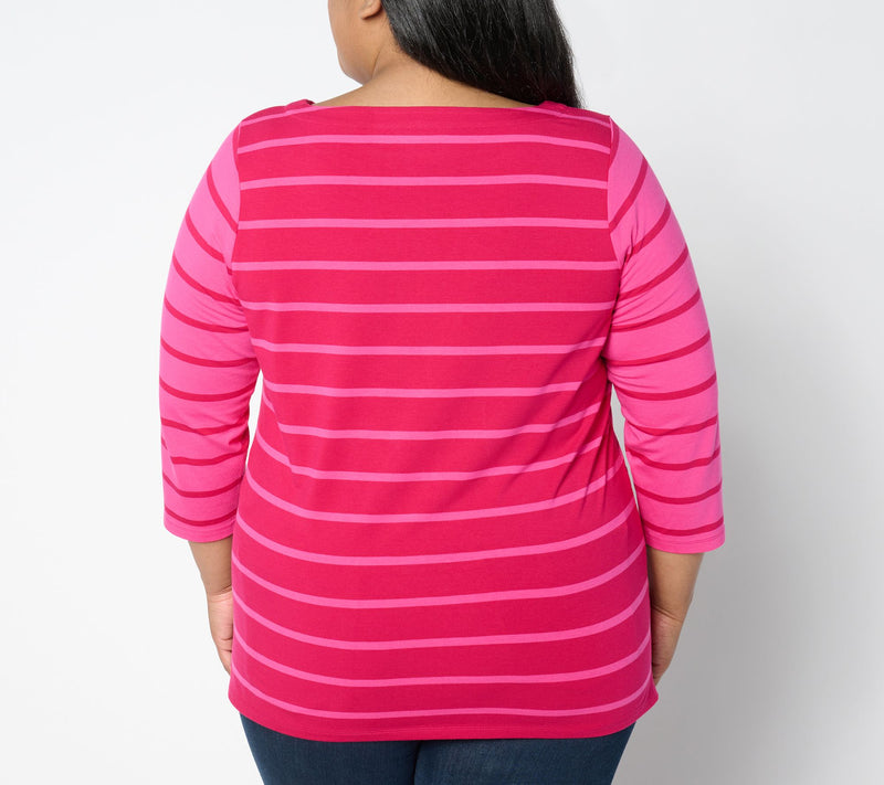 Isaac Mizrahi Live! 3/4 Sleeve Yarn Dye Stripe Boat Neck Top — View 2