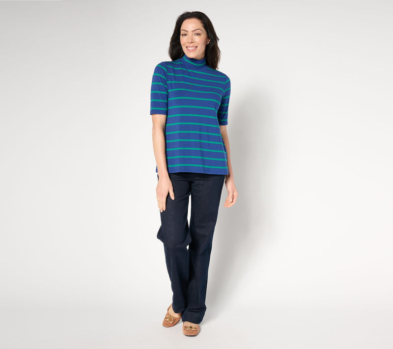 Isaac Mizrahi Live! Elbow Sleeve Yarn Dye Stripe Mock Neck Top — View 7