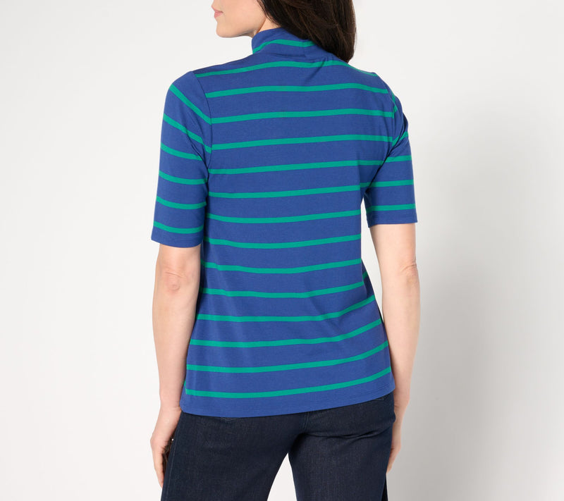 Isaac Mizrahi Live! Elbow Sleeve Yarn Dye Stripe Mock Neck Top — View 6