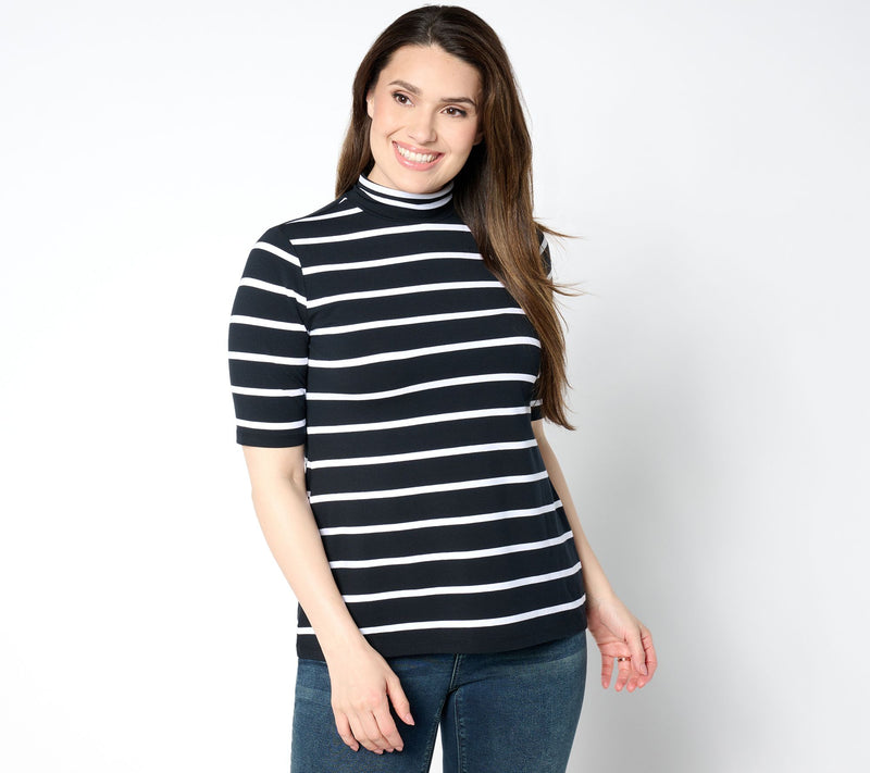 Isaac Mizrahi Live! Elbow Sleeve Yarn Dye Stripe Mock Neck Top — Main view