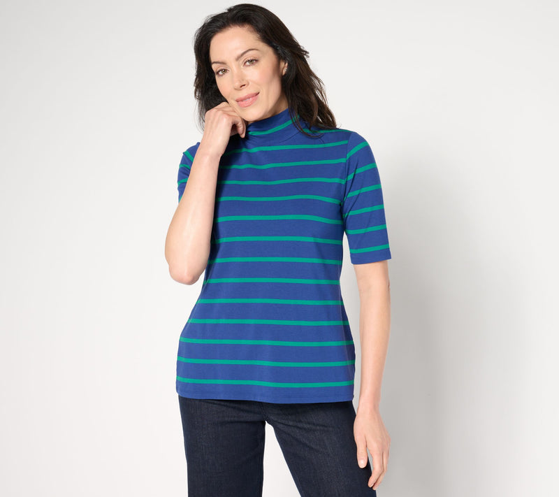 Isaac Mizrahi Live! Elbow Sleeve Yarn Dye Stripe Mock Neck Top — View 4