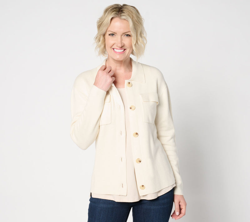 Isaac Mizrahi Live! Button Front Sweater Jacket with Collar — View 5