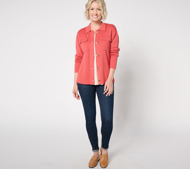 Isaac Mizrahi Live! Button Front Sweater Jacket with Collar — View 9