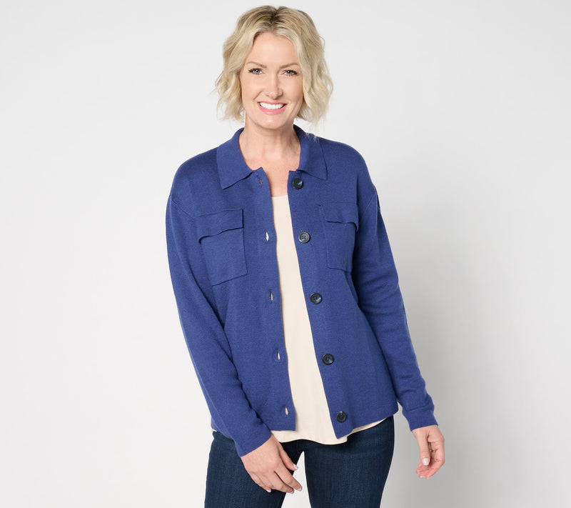 Isaac Mizrahi Live! Button Front Sweater Jacket with Collar — View 3