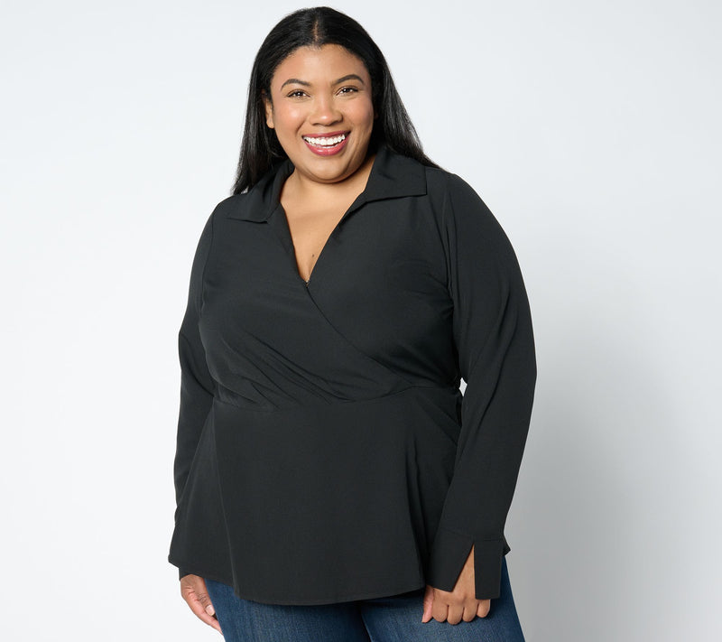 Isaac Mizrahi Live! Woven Crepe Peplum Blouse with Collar — View 16