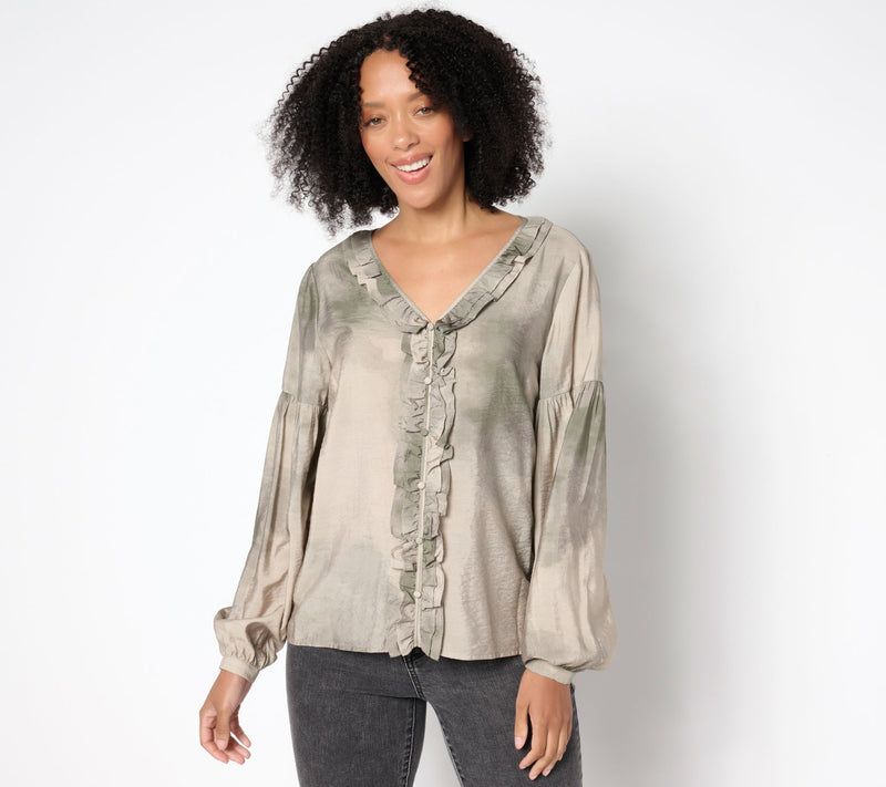 Me by Jennie Garth Bodie Printed Blouse with Ruffle Neckline — Main view