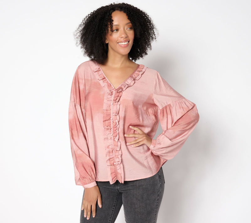 Me by Jennie Garth Bodie Printed Blouse with Ruffle Neckline — View 7