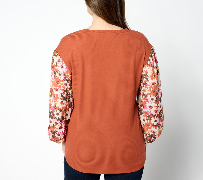 Peace Love World Boheme Mixed Media Floral Long Sleeve Top — View 4