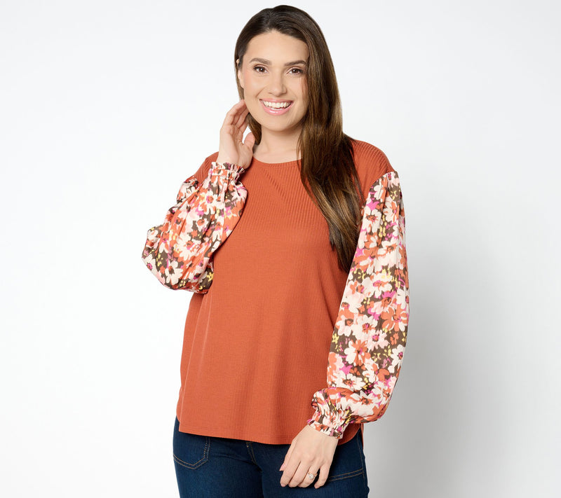 Peace Love World Boheme Mixed Media Floral Long Sleeve Top — Main view
