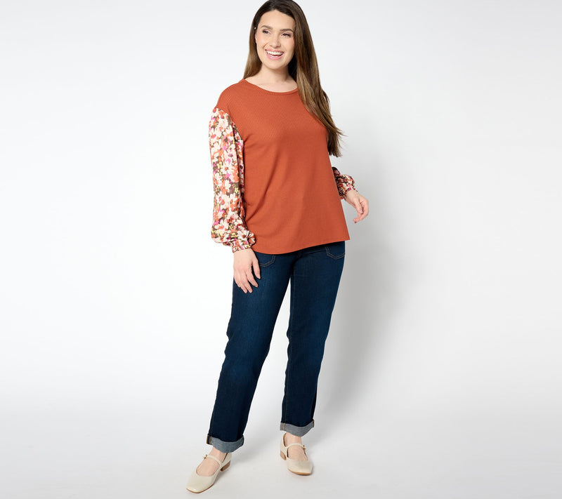 Peace Love World Boheme Mixed Media Floral Long Sleeve Top — View 5