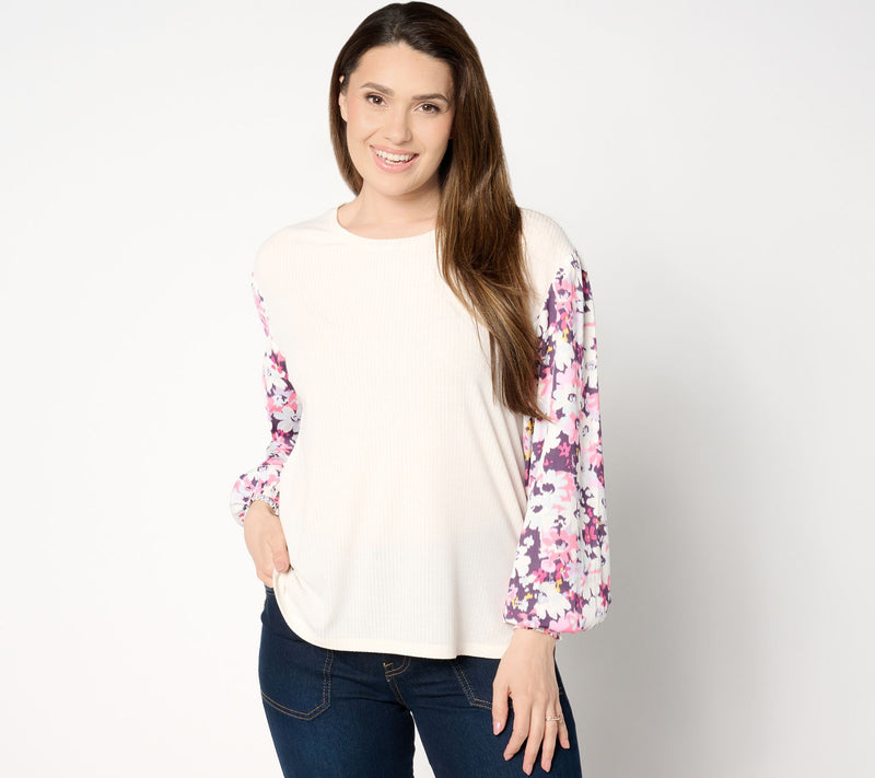Peace Love World Boheme Mixed Media Floral Long Sleeve Top — View 3
