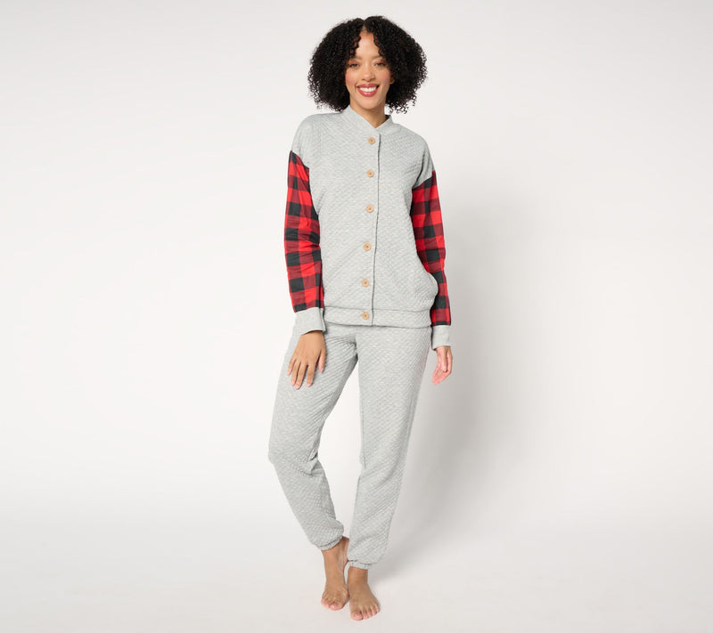 MUK LUKS Quilted Knit Bomber Jacket and Jogger Lounge Set — View 9