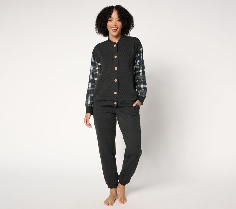 MUK LUKS Quilted Knit Bomber Jacket and Jogger Lounge Set — View 5