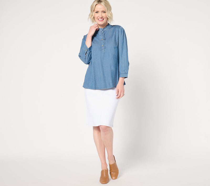 Denim & Co. Chambray 3/4 Puff Sleeve Ruffle Top — View 9