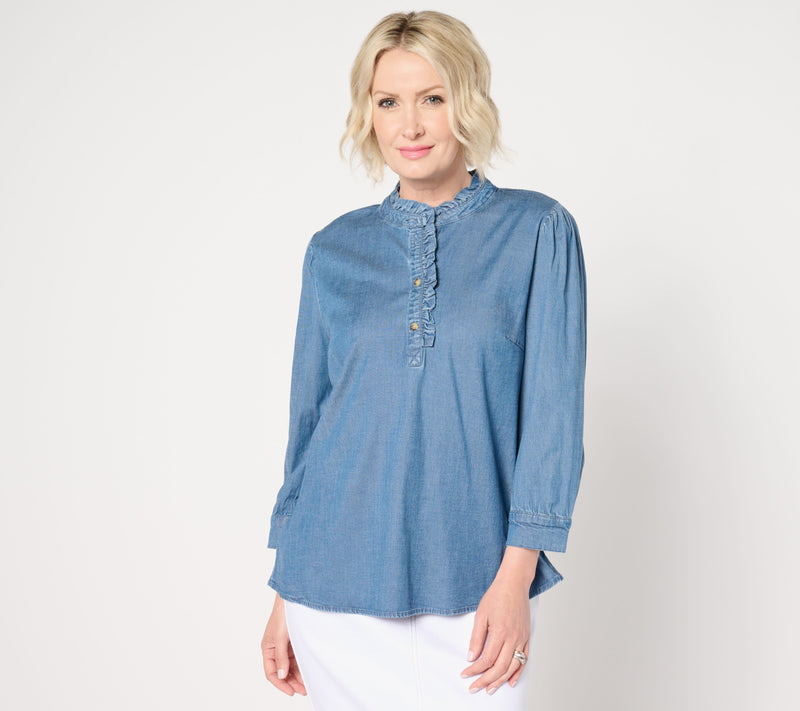 Denim & Co. Chambray 3/4 Puff Sleeve Ruffle Top — View 3