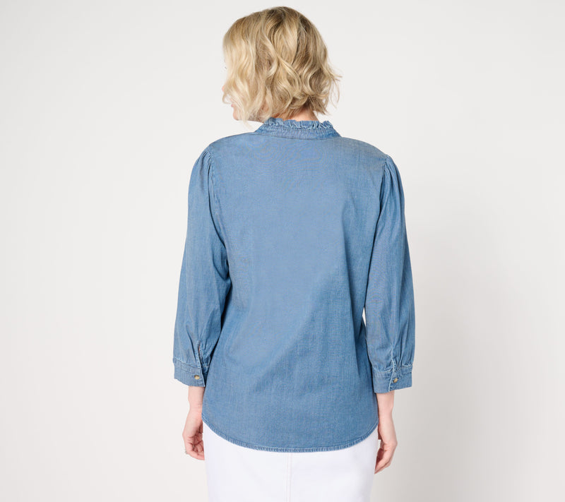 Denim & Co. Chambray 3/4 Puff Sleeve Ruffle Top — View 8