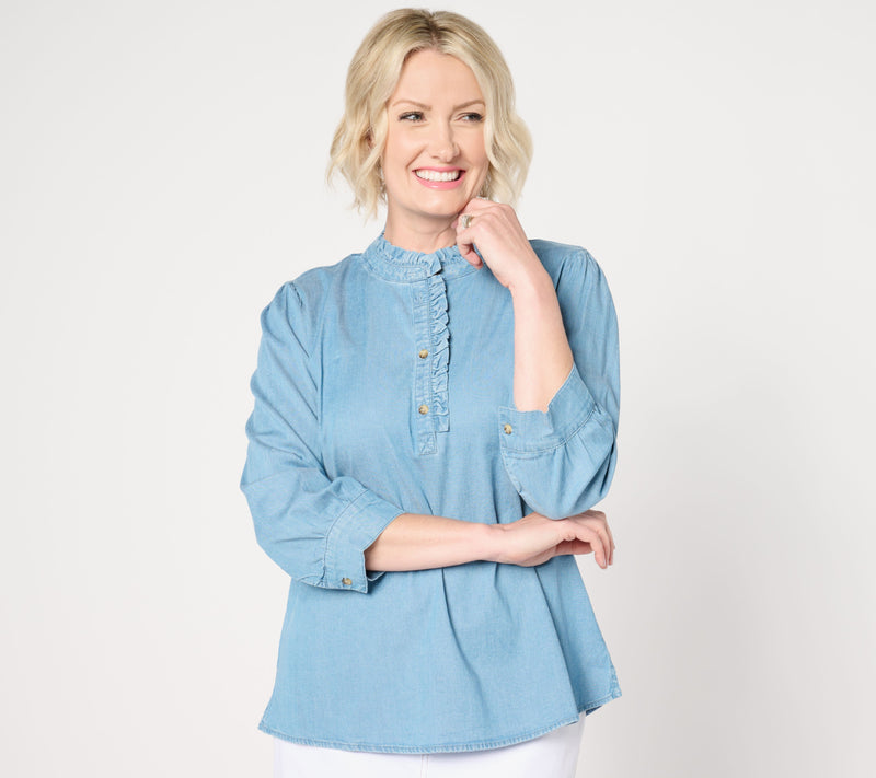 Denim & Co. Chambray 3/4 Puff Sleeve Ruffle Top — View 5