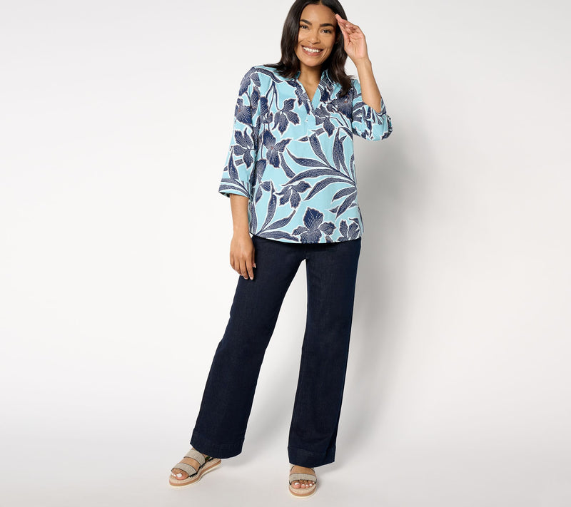 Denim & Co. Printed Poplin 3/4-Sleeve Collared Top — View 3