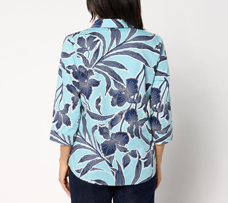 Denim & Co. Printed Poplin 3/4-Sleeve Collared Top — View 2