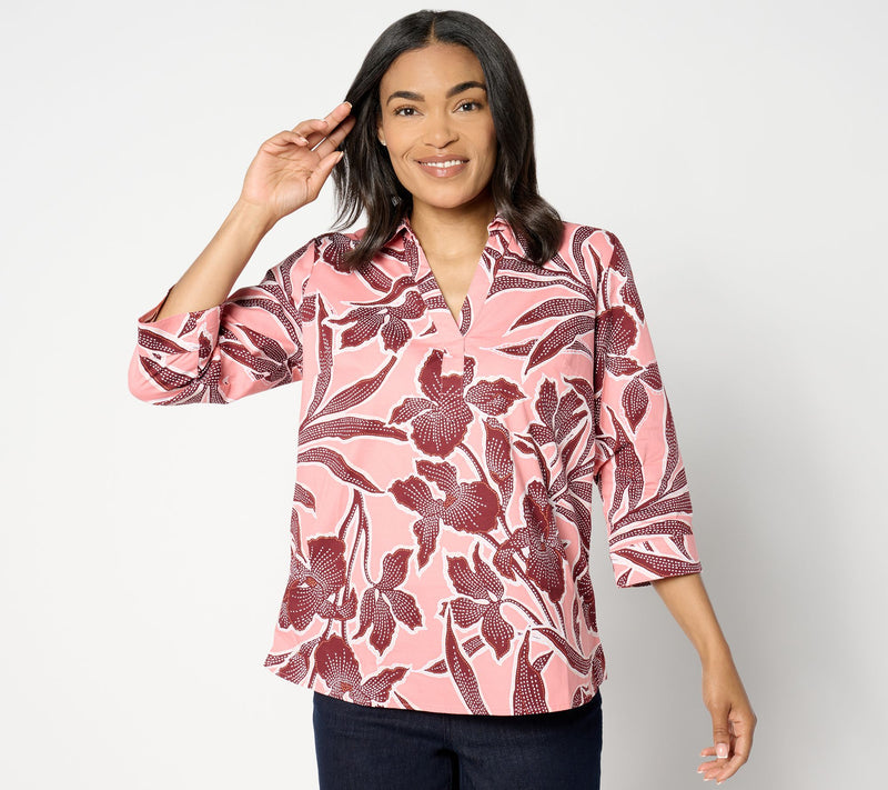 Denim & Co. Printed Poplin 3/4-Sleeve Collared Top — View 9