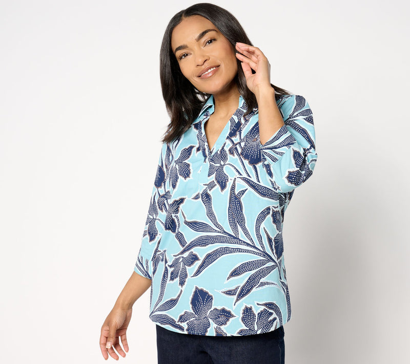 Denim & Co. Printed Poplin 3/4-Sleeve Collared Top — View 10
