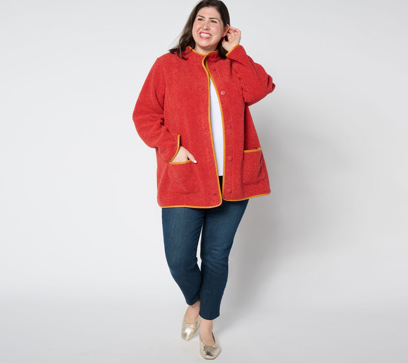 Susan Graver Bonded Fleece Button-Front Jacket w/ Faux Leather Trim — View 13