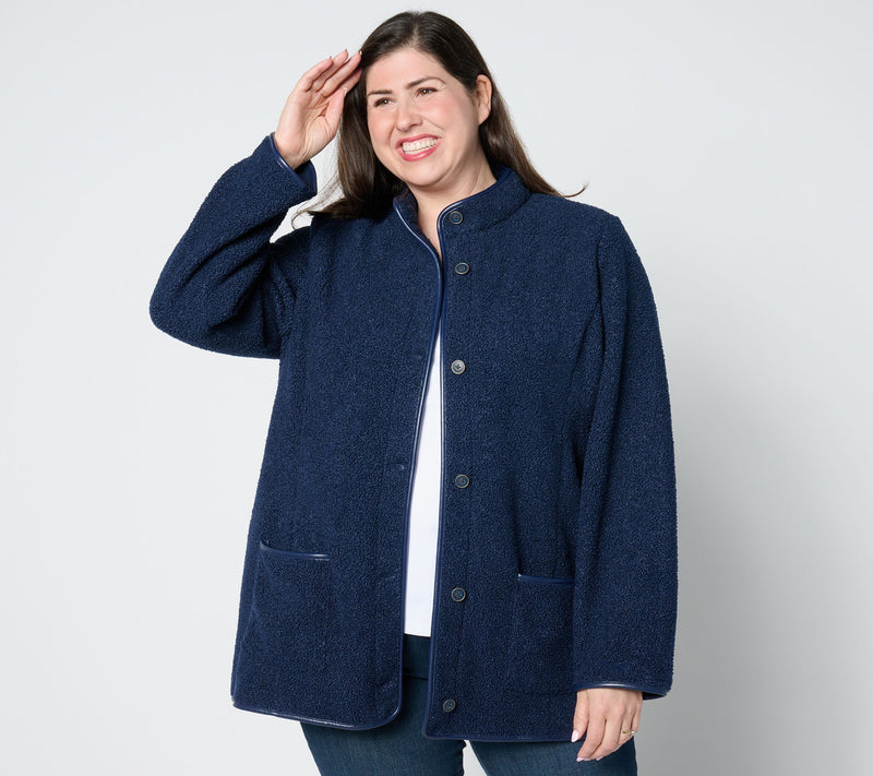Susan Graver Bonded Fleece Button-Front Jacket w/ Faux Leather Trim — View 7