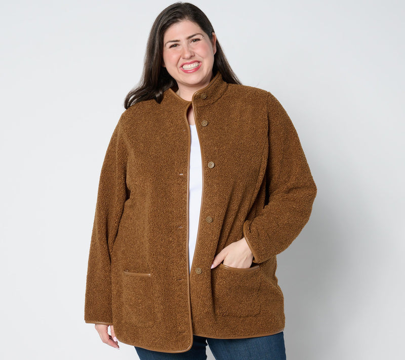 Susan Graver Bonded Fleece Button-Front Jacket w/ Faux Leather Trim — View 3