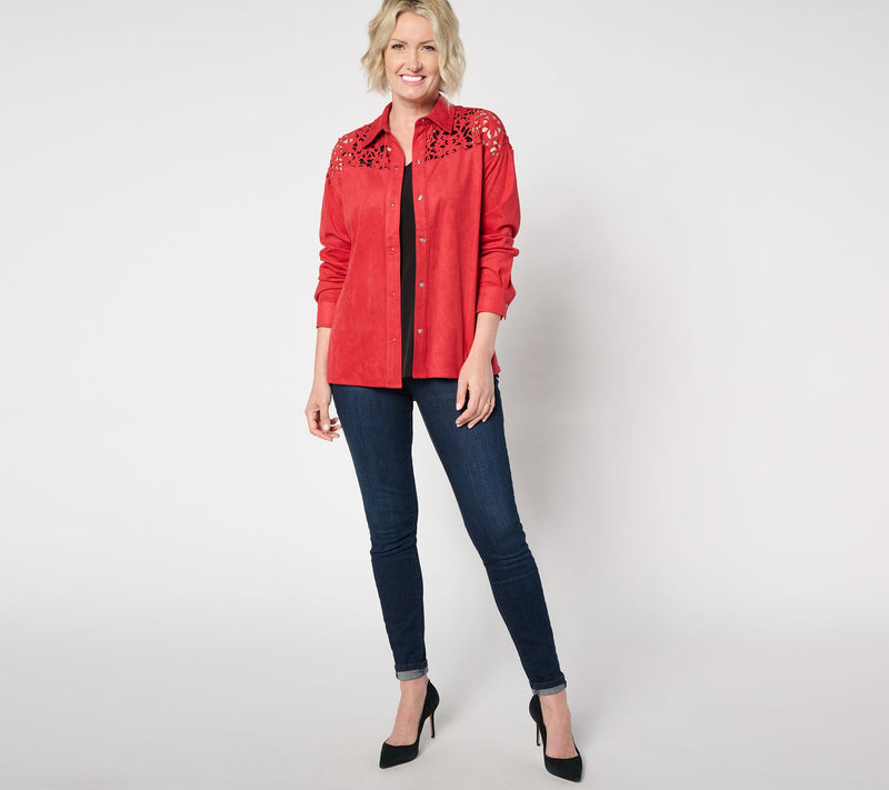 Women with Control Faux Suede Snap Front Shirt w/ Laser Cutouts — View 3