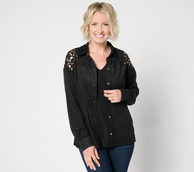 Women with Control Faux Suede Snap Front Shirt w/ Laser Cutouts — View 8