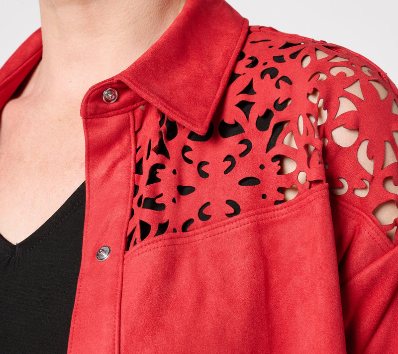 Women with Control Faux Suede Snap Front Shirt w/ Laser Cutouts — View 4