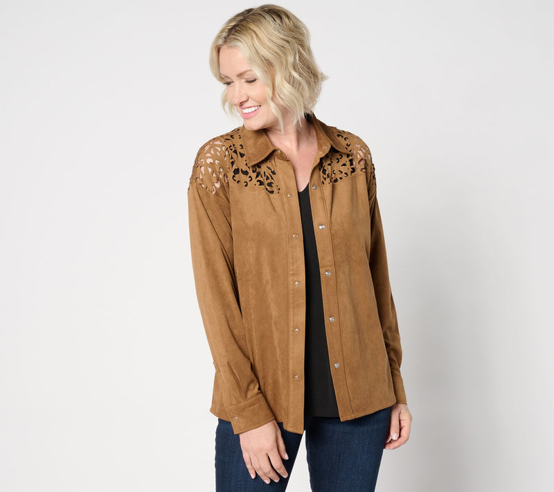 Women with Control Faux Suede Snap Front Shirt w/ Laser Cutouts — View 10