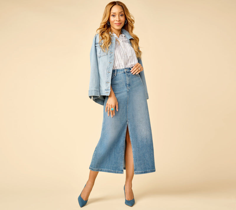 NYDJ High Rise Long Denim Skirt w/ Slit — View 8