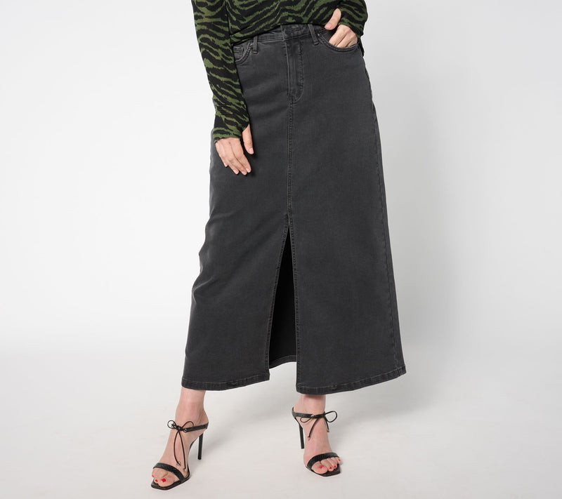 NYDJ High Rise Long Denim Skirt w/ Slit - Cloud Stone — View 9