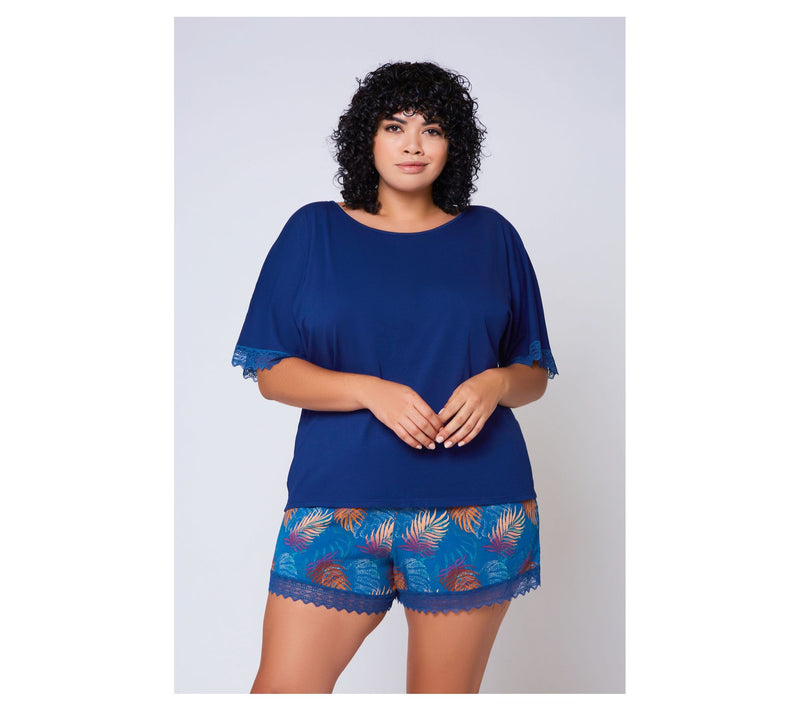 iCollection Lace Detail Top & Short Lounge Set - Navy — View 8