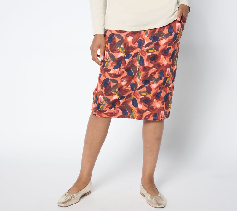 Denim & Co. Petite Printed Knit Twill Pull-On Skirt — Main view