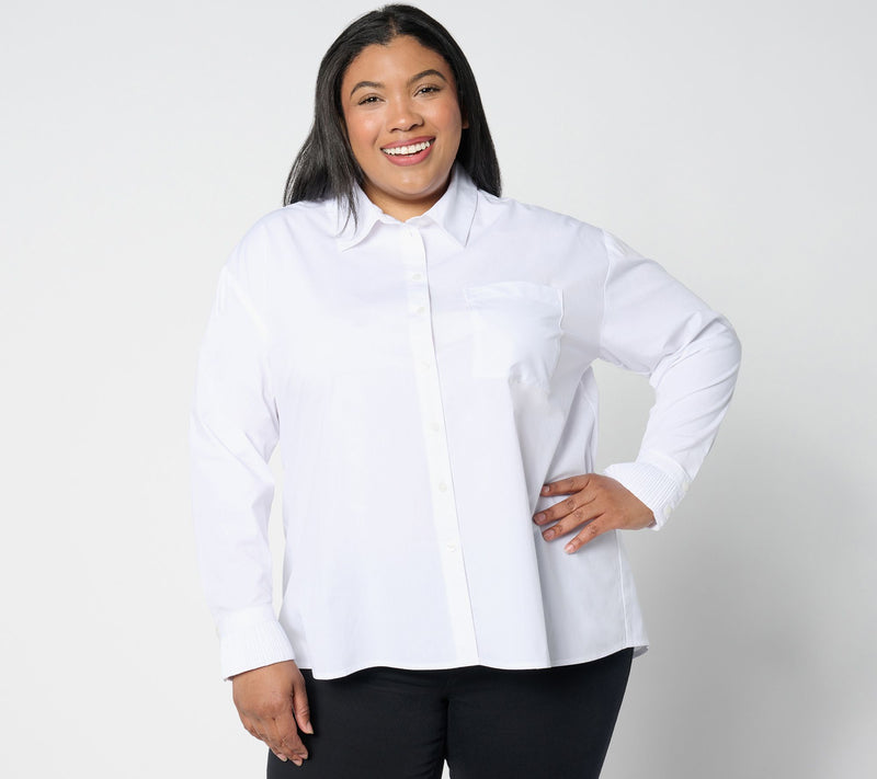 Women with Control Petite Woven Button Front Shirt w/ Pleated Cuffs — View 13