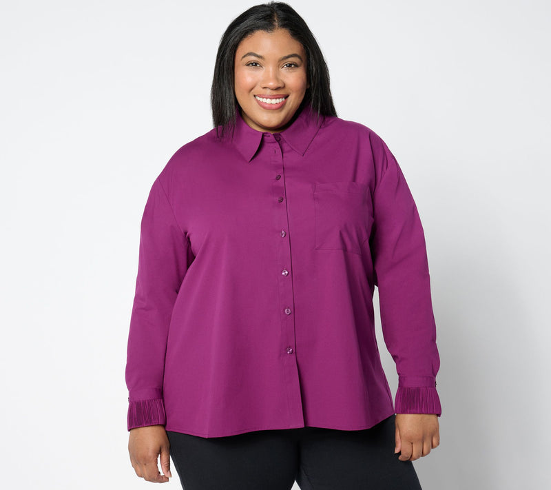 Women with Control Petite Woven Button Front Shirt w/ Pleated Cuffs — Main view