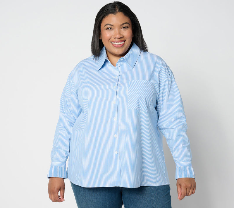 Women with Control Petite Woven Button Front Shirt w/ Pleated Cuffs — View 9