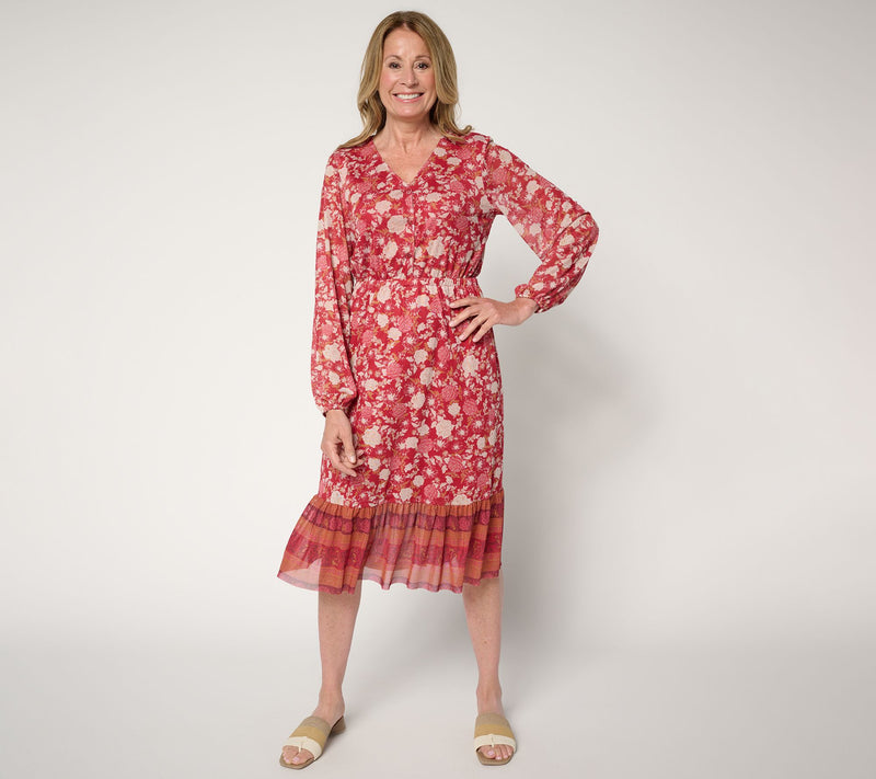 Denim & Co. Canyon Retreat Printed Long Sleeve Midi Dress — Main view