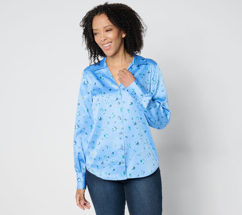 Isaac Mizrahi Live! Estate Printed Stretch Sateen Button Front Blouse — View 5