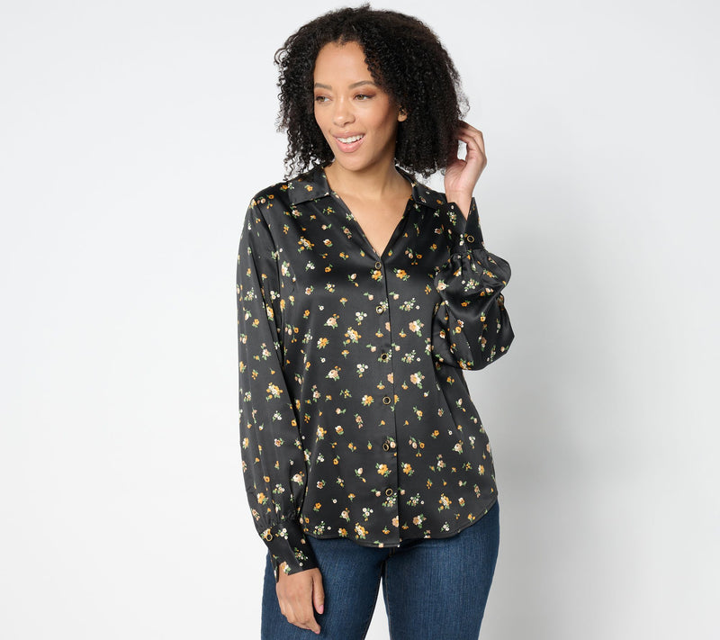Isaac Mizrahi Live! Estate Printed Stretch Sateen Button Front Blouse — View 3