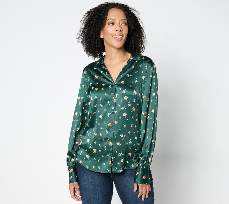 Isaac Mizrahi Live! Estate Printed Stretch Sateen Button Front Blouse — View 9