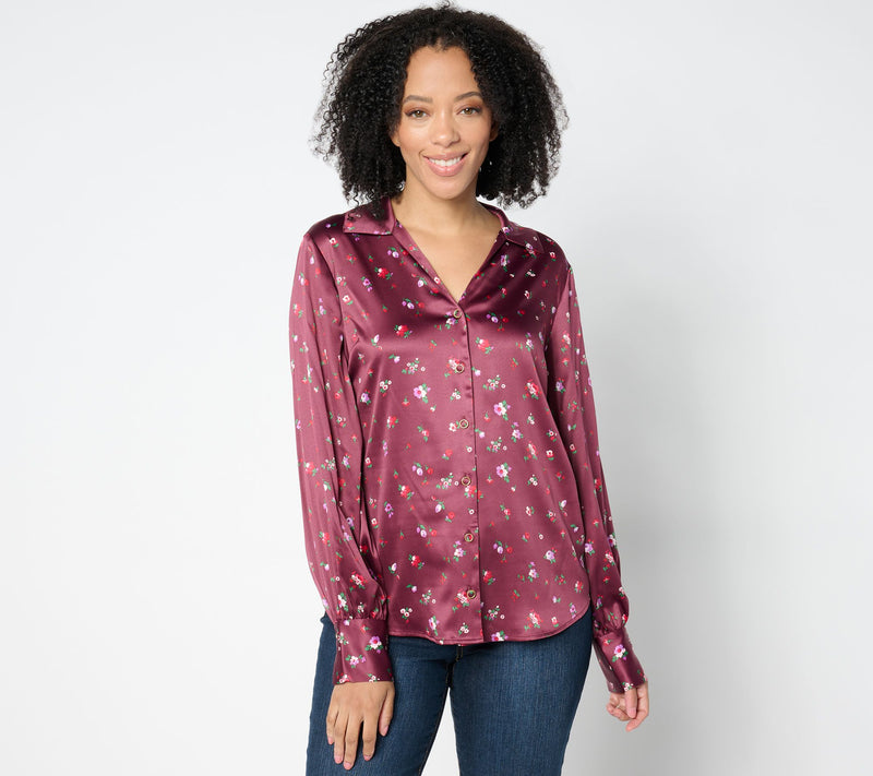 Isaac Mizrahi Live! Estate Printed Stretch Sateen Button Front Blouse — View 7