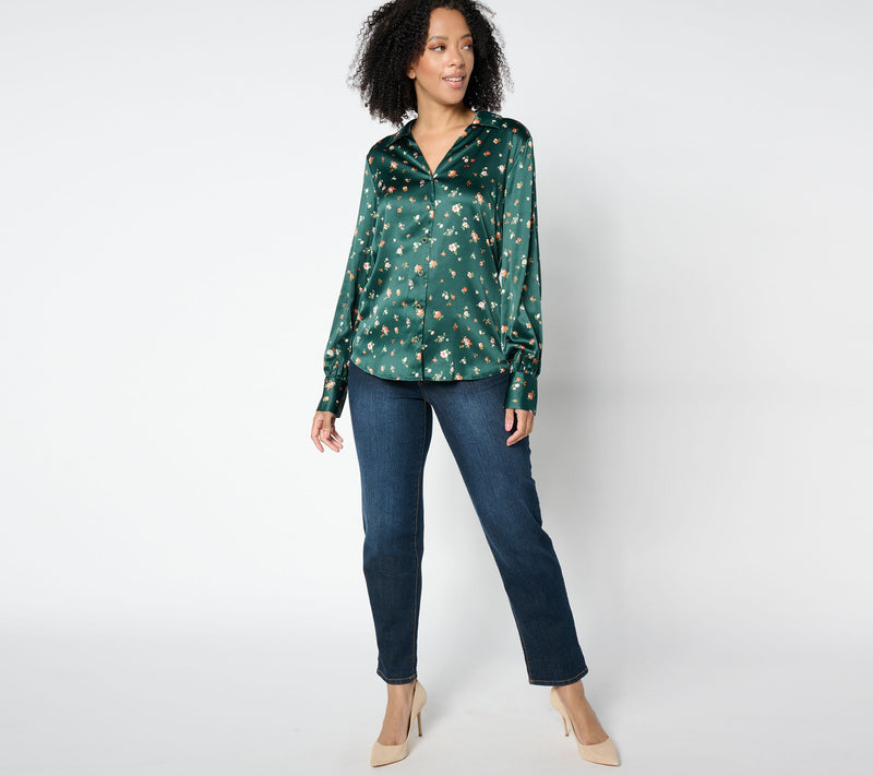 Isaac Mizrahi Live! Estate Printed Stretch Sateen Button Front Blouse — View 11