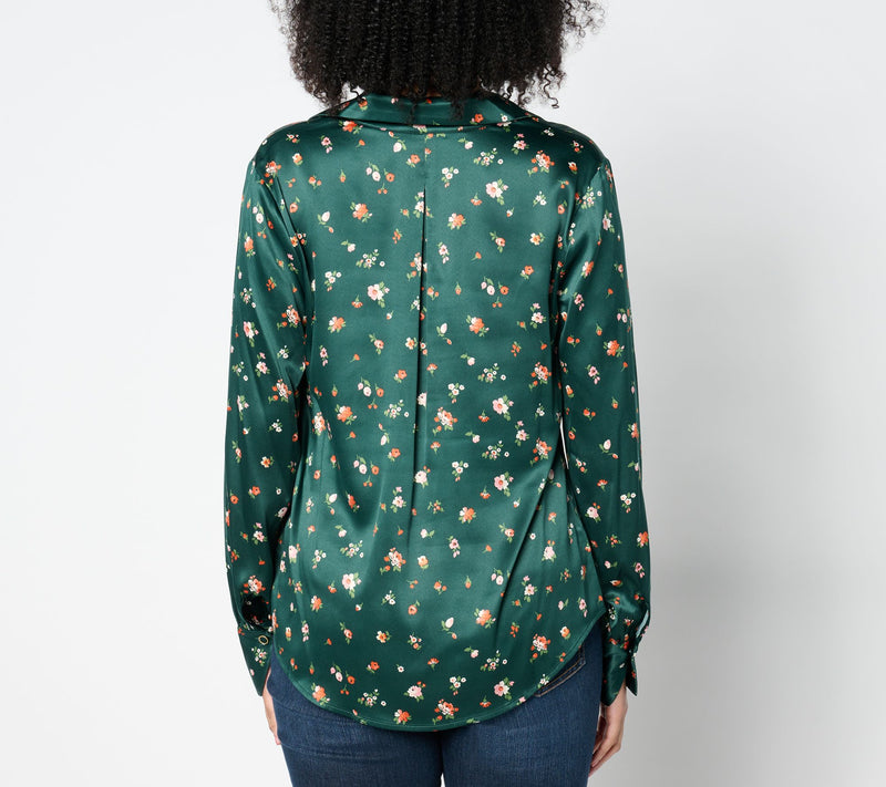 Isaac Mizrahi Live! Estate Printed Stretch Sateen Button Front Blouse — View 10