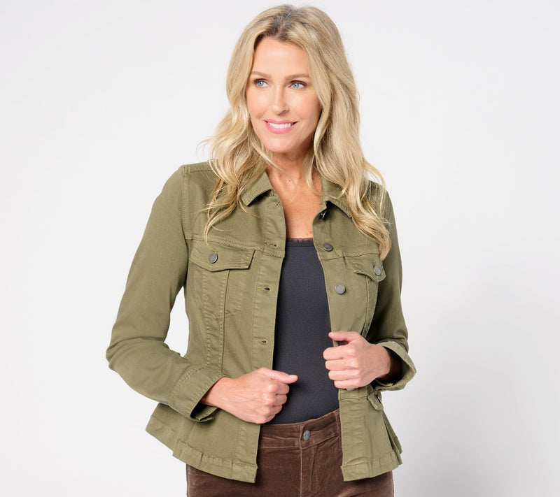 Liverpool Los Angeles Peplum Denim Jacket - Olive Grove — Main view