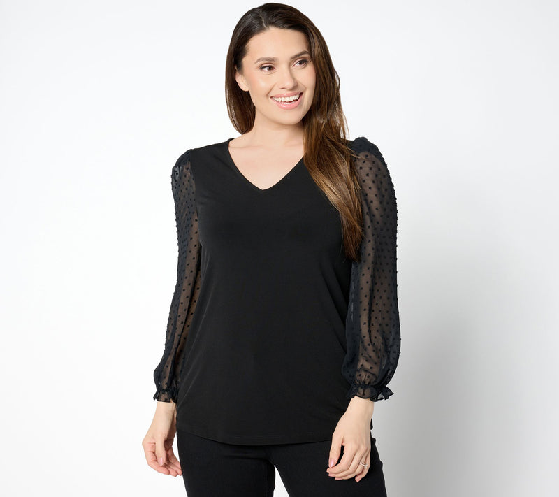 Susan Graver Occasions Liquid Knit V-Neck Top with Novelty Sleeves — View 2