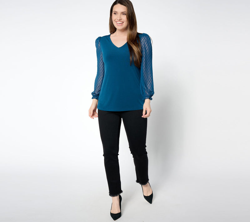 Susan Graver Occasions Liquid Knit V-Neck Top with Novelty Sleeves — View 6